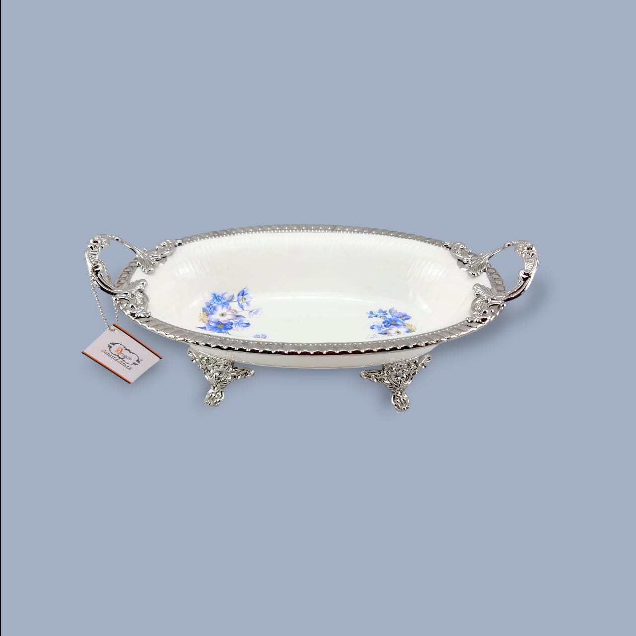 Angela Country Oval Silver Blue Roses Porcelain Serving Footed Dish 31*18 CM (AB-56)