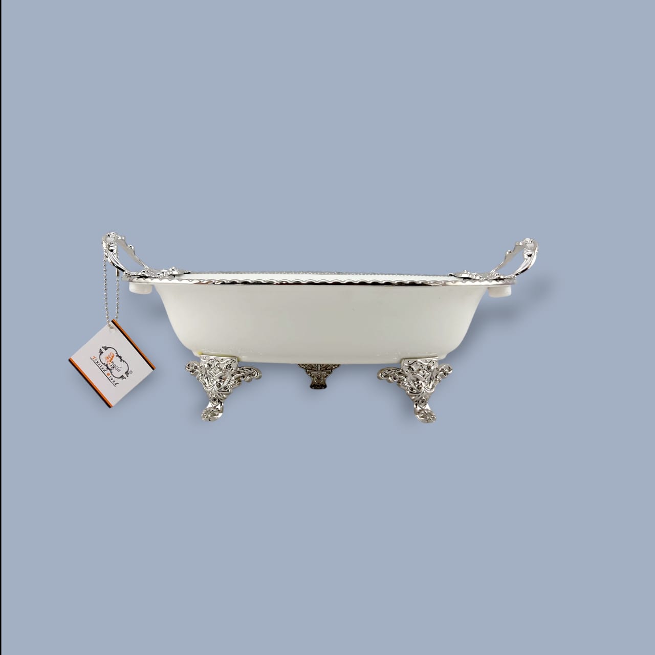 Angela Country Oval Silver Blue Roses Porcelain Serving Footed Dish 31*18 CM (AB-56)