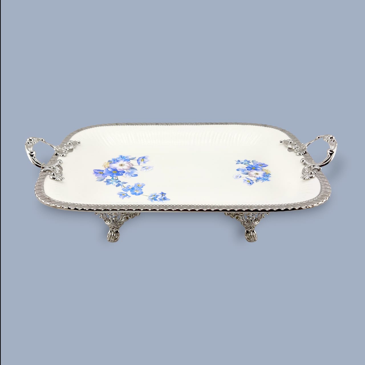 Angela Country Rectangular Silver Blue Roses Porcelain Serving Footed Dish 36*25 CM (AB-51)