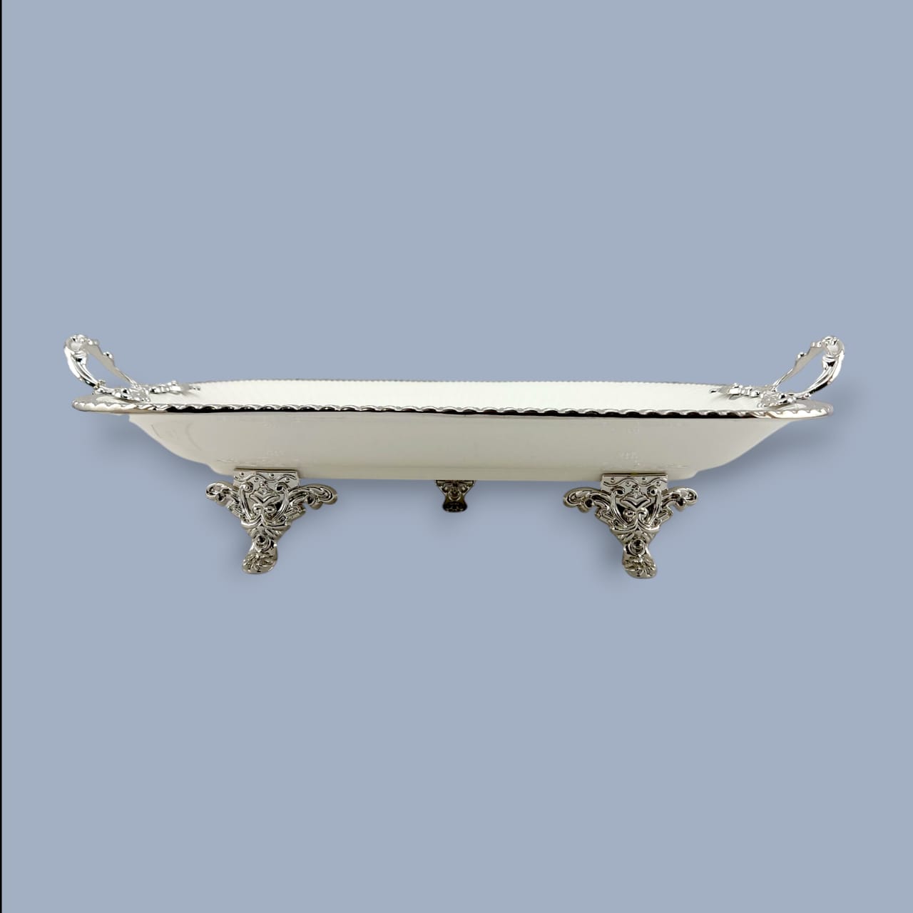 Angela Country Rectangular Silver Blue Roses Porcelain Serving Footed Dish 36*25 CM (AB-51)