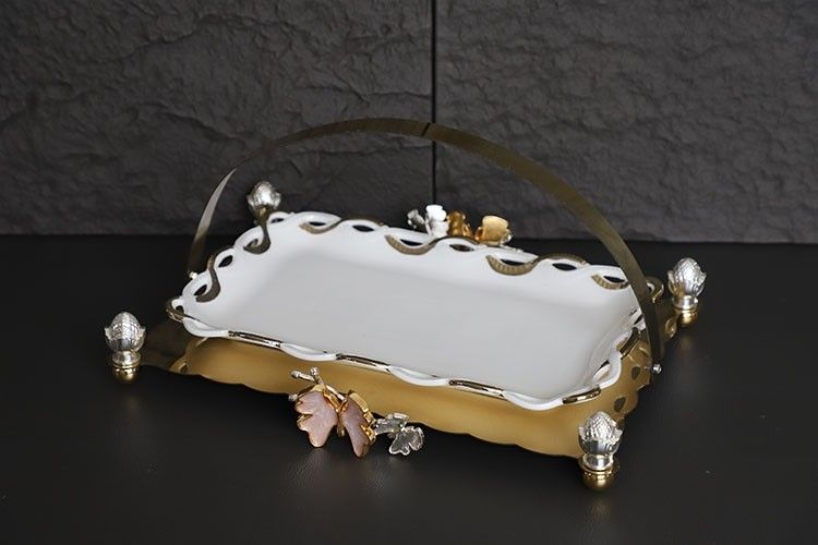 Fancy Ceramic Rectangular Serving Dish With Metal Stand