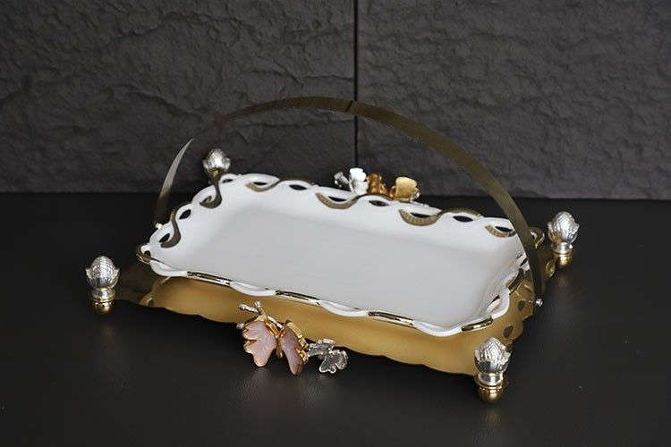 Fancy Ceramic Rectangular Serving Dish With Metal Stand (0318-7) Kaka Bawa Sons