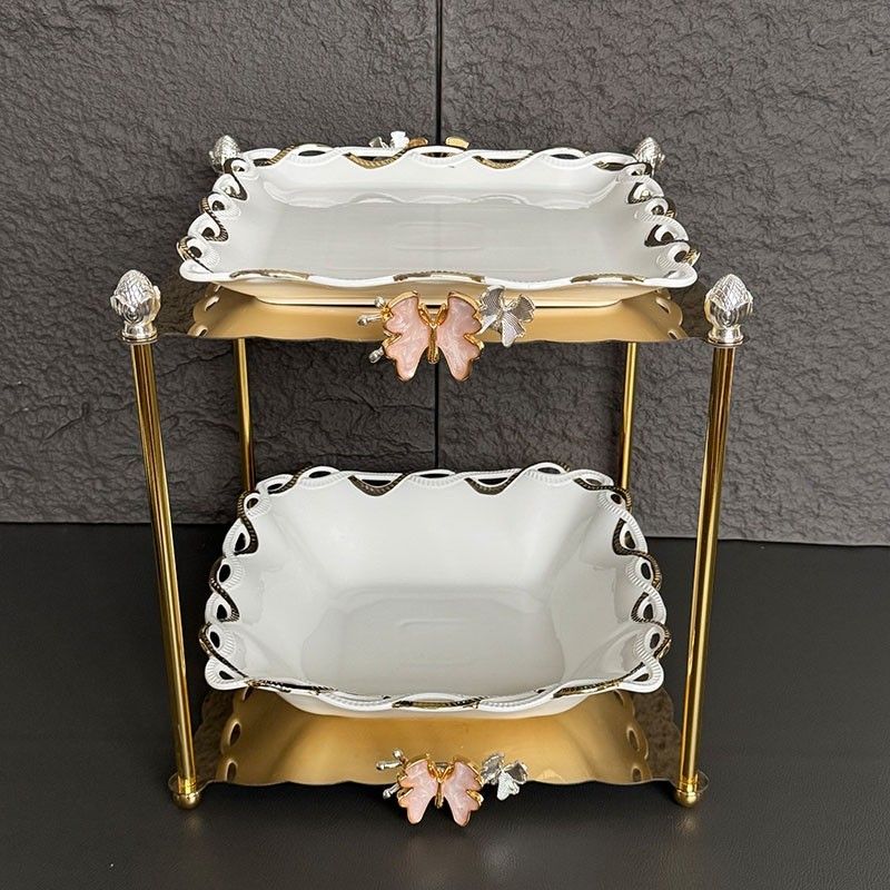 2-Tiered Platter Ceramic Square Dish & Serving Bowl with Metal Stand