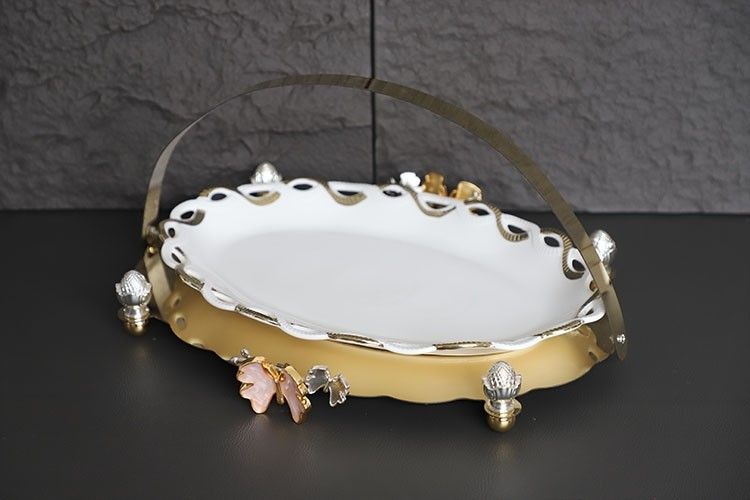 Fancy Ceramic Oval Serving Dish With Metal Stand