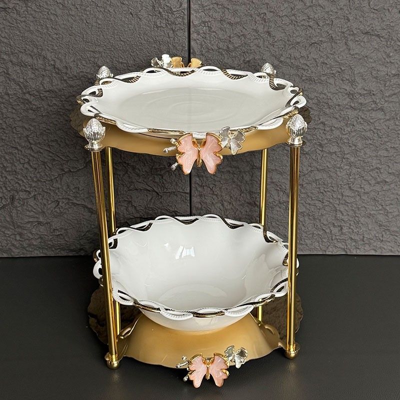 2-Tiered Platter Ceramic Round Dish & Serving Bowl with Metal Stand