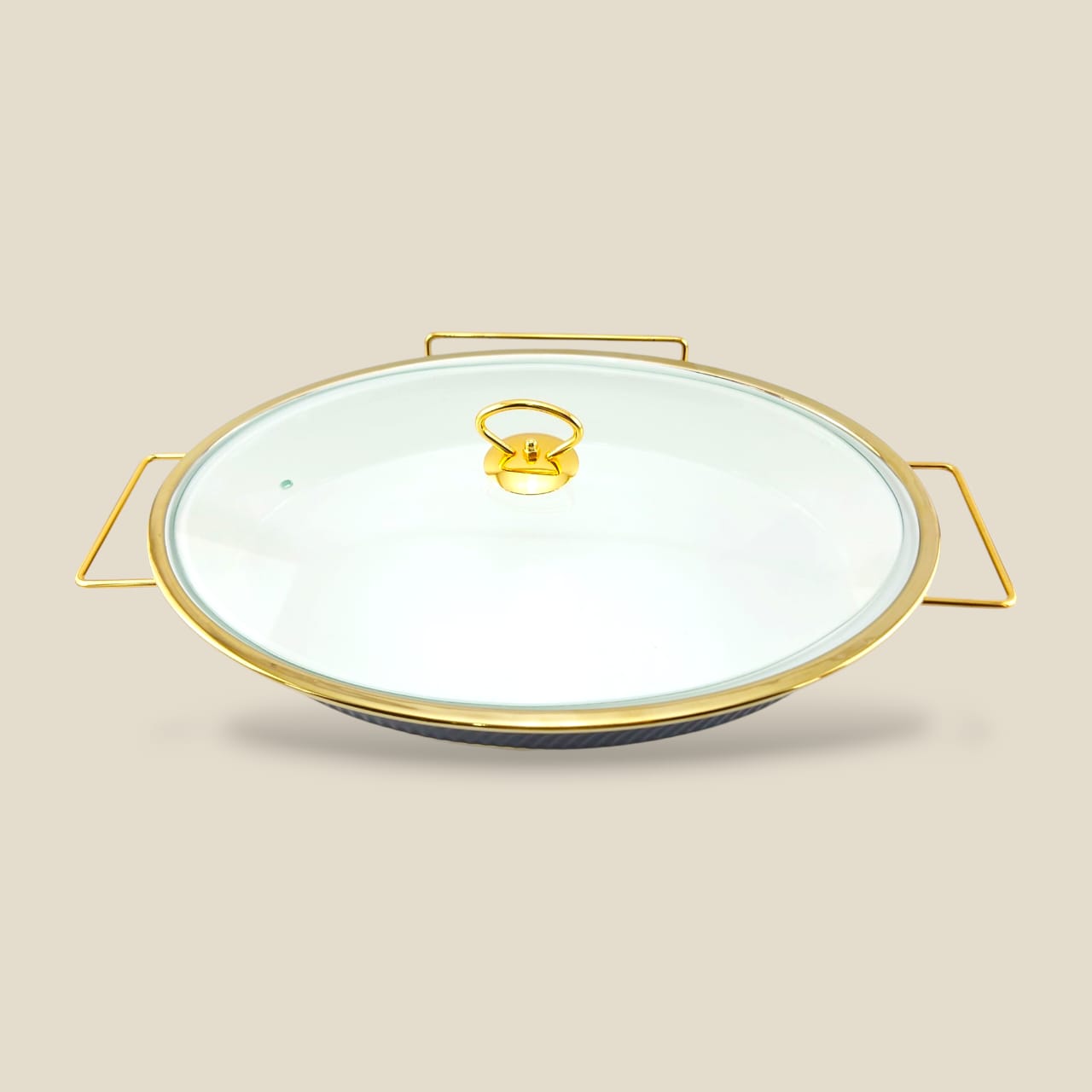 Brilliant Oval Casserole Black And Glass Lid 16" With Golden Stand