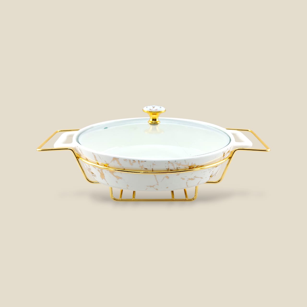 Brilliant Oval Casserole And Glass Lid 13.5" With Golden Stand