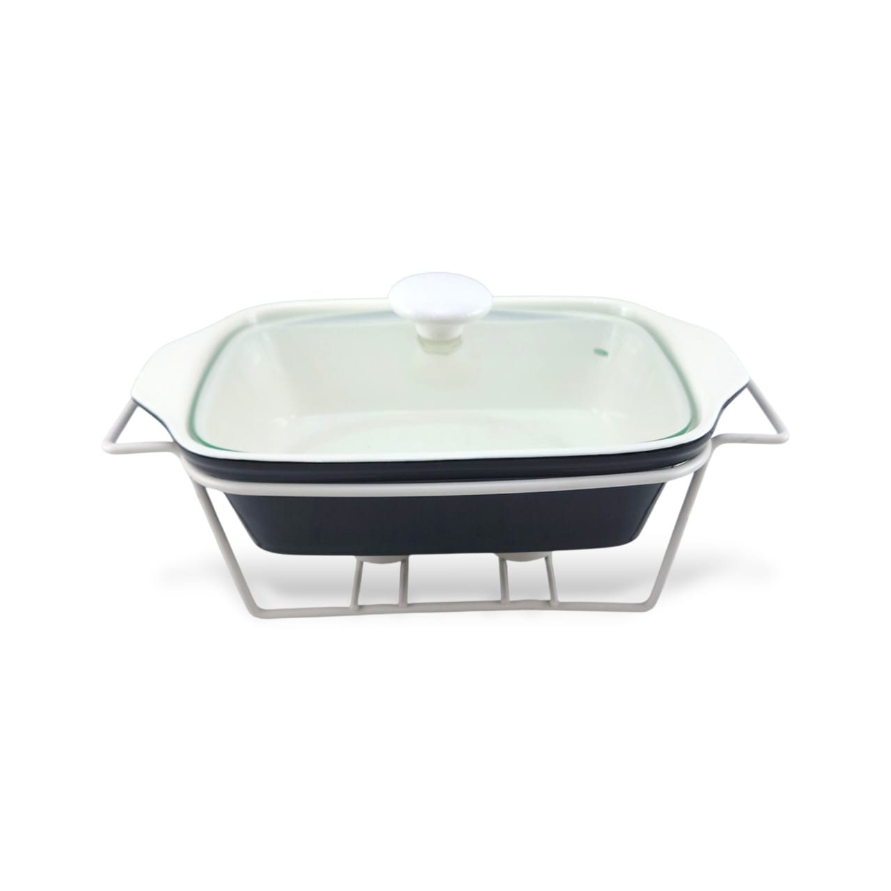 Brilliant Ceramic Rectangular Casserole 11" Black With Silver Stand Kaka Bawa Sons