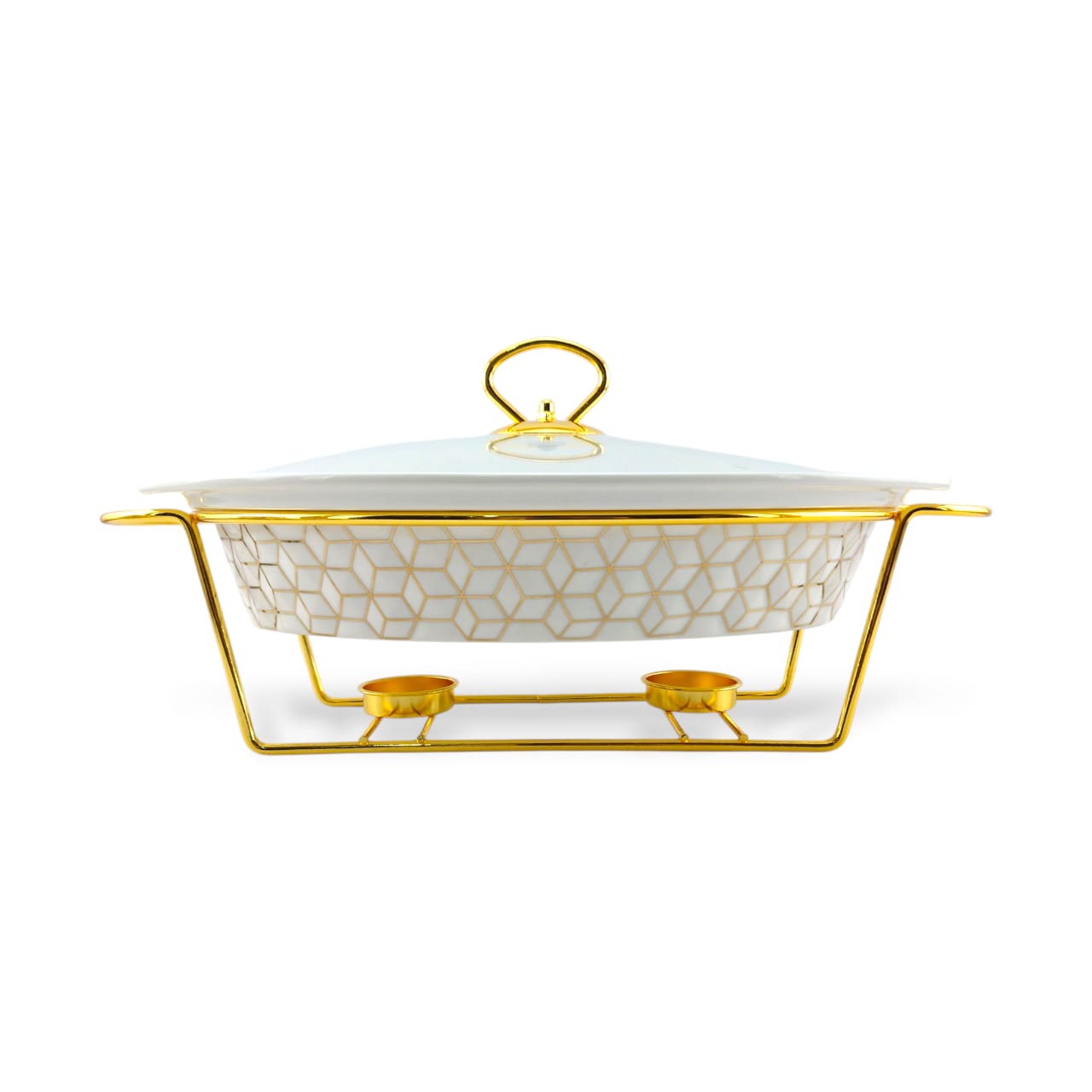 S/W Oval Food Warmer 3-Piece Set White With Golden Stand Kaka Bawa Sons