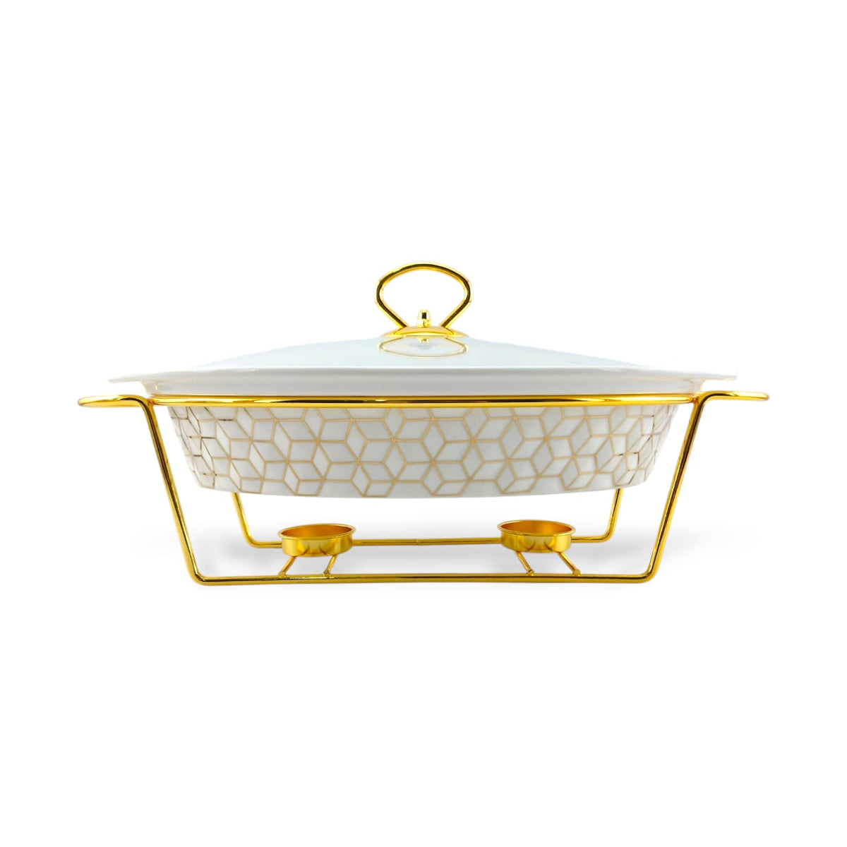 S/W Oval Food Warmer 3-Piece Set White With Golden Stand Kaka Bawa Sons