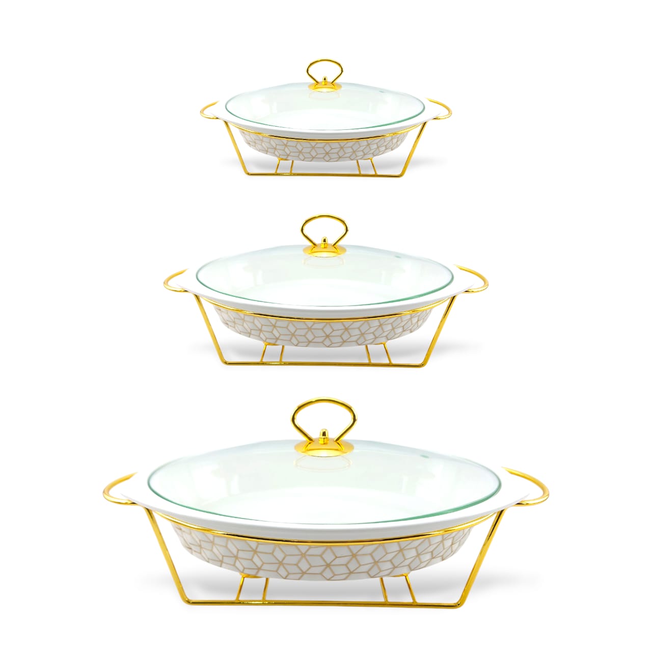 S/W Oval Food Warmer 3-Piece Set White With Golden Stand Kaka Bawa Sons