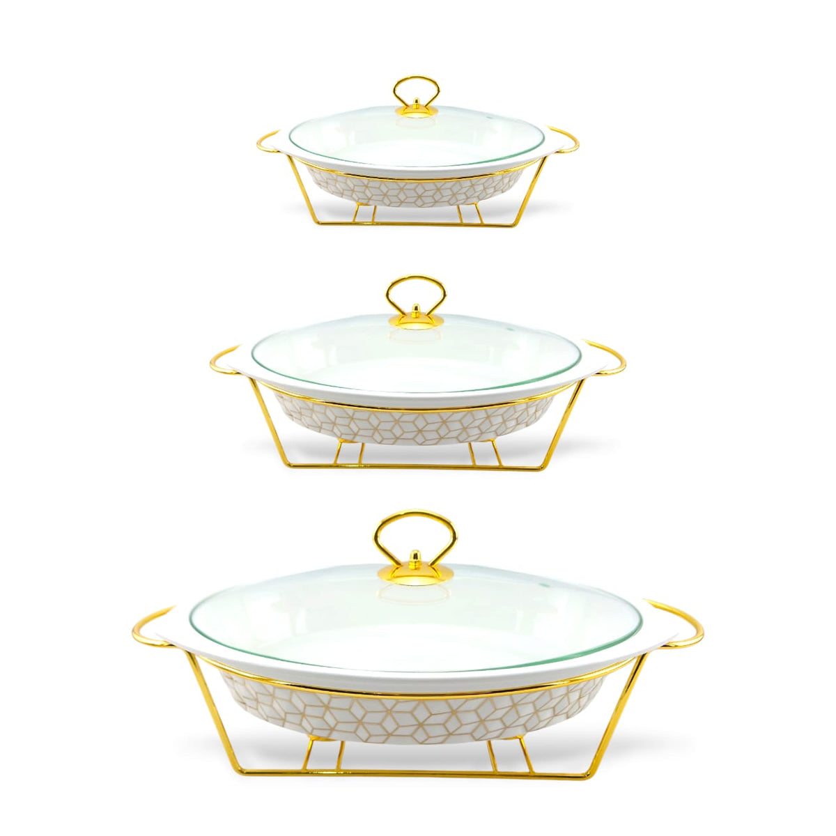 S/W Oval Food Warmer 3-Piece Set White With Golden Stand Kaka Bawa Sons