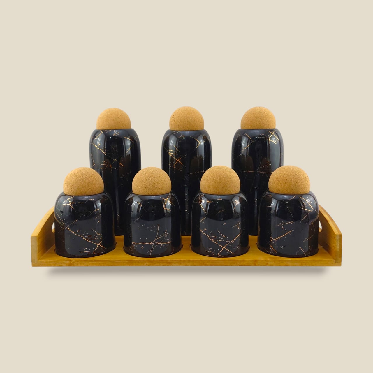 Lotus Ceramic Spice Jar 7-Piece Set Black With Wooden Tray