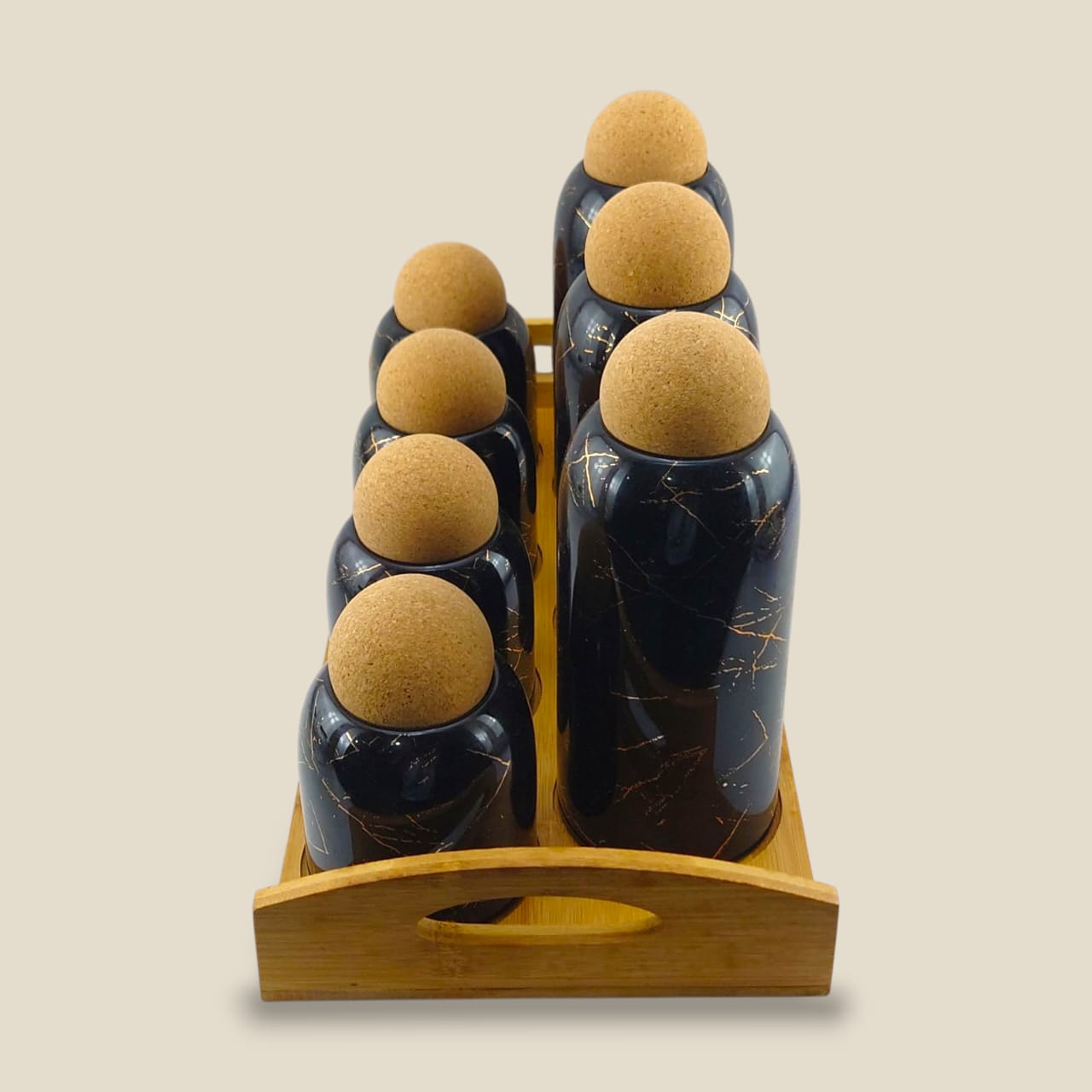 Lotus Ceramic Spice Jar 7-Piece Set Black With Wooden Tray Kaka Bawa Sons