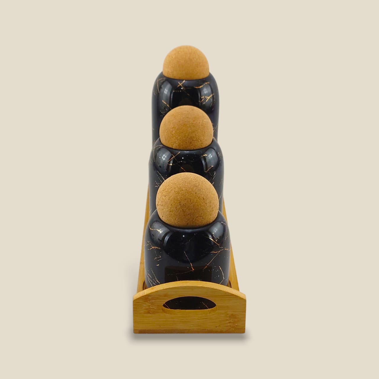 Lotus Ceramic Spice Jar 3-Piece Set Black With Wooden Tray