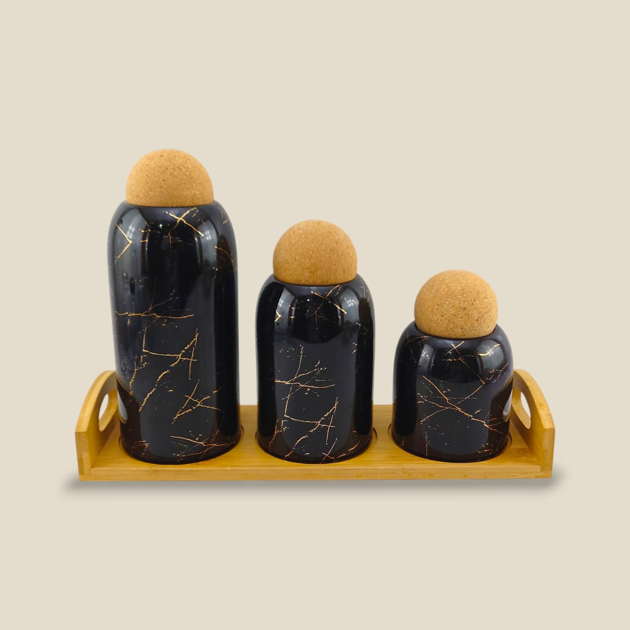 Lotus Ceramic Spice Jar 3-Piece Set Black With Wooden Tray