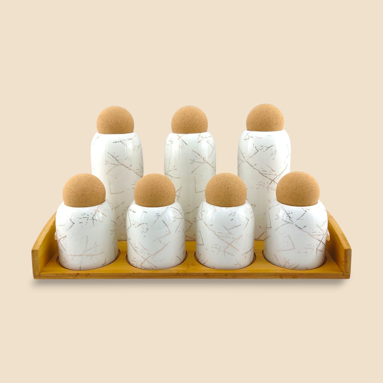 Lotus Ceramic Spice Jar 7-Piece Set White With Wooden Tray