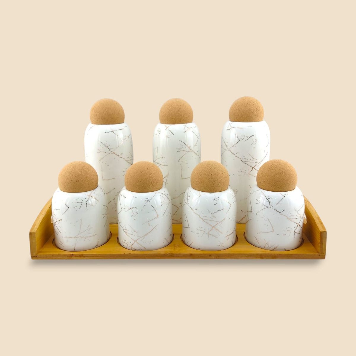 Lotus Ceramic Spice Jar 7-Piece Set White With Wooden Tray Kaka Bawa Sons