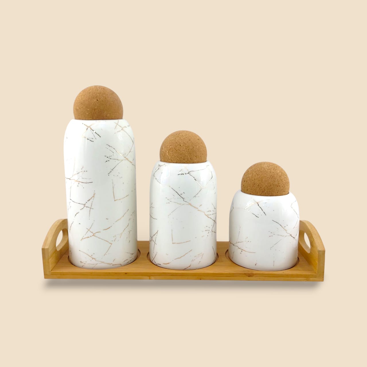 Lotus Ceramic Spice Jar 3-Piece Set White With Wooden Tray