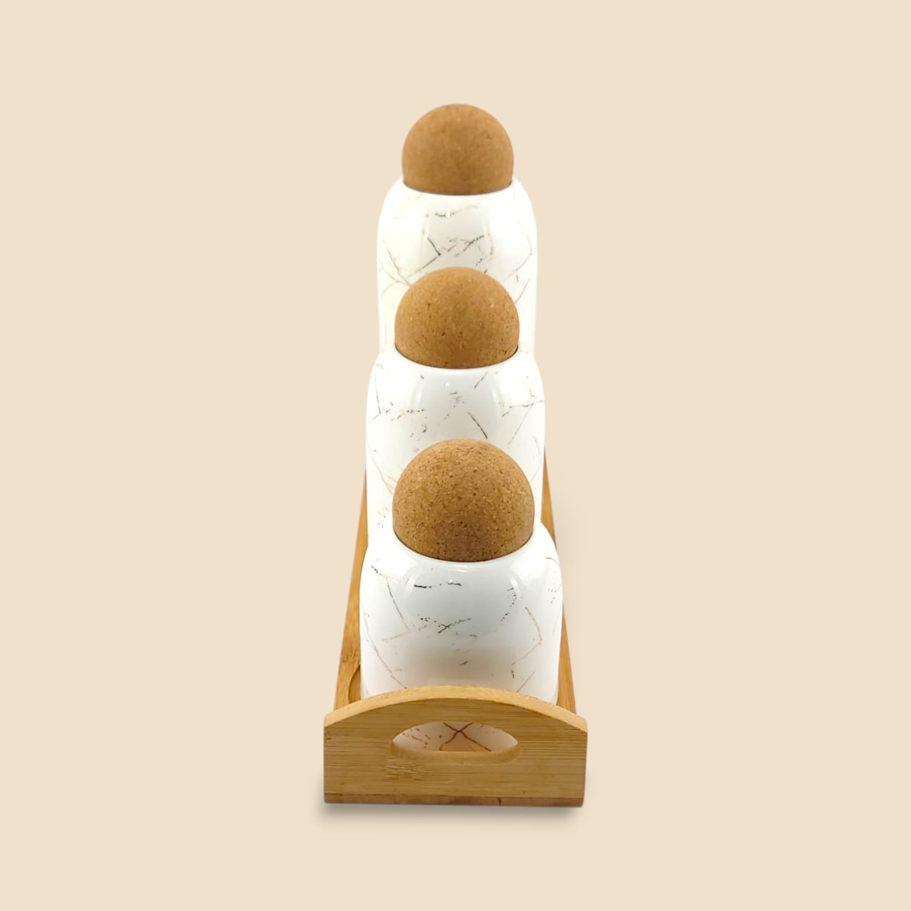 Lotus Ceramic Spice Jar 3-Piece Set White With Wooden Tray