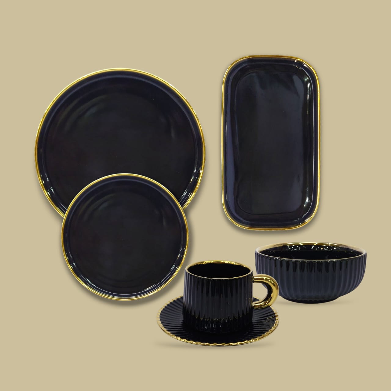 Fancy Porcelain 32-Piece Breakfast Set Black With Golden Line Borders