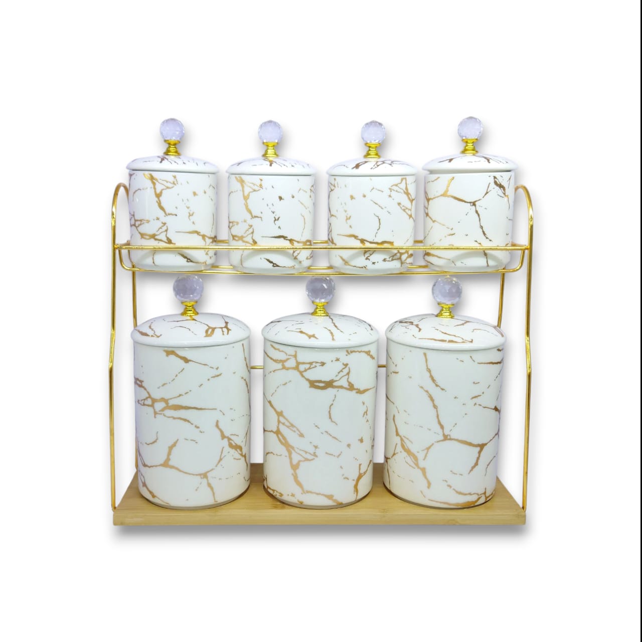 7-Piece Ceramic White Marble Spice Jar Set Kaka Bawa Sons