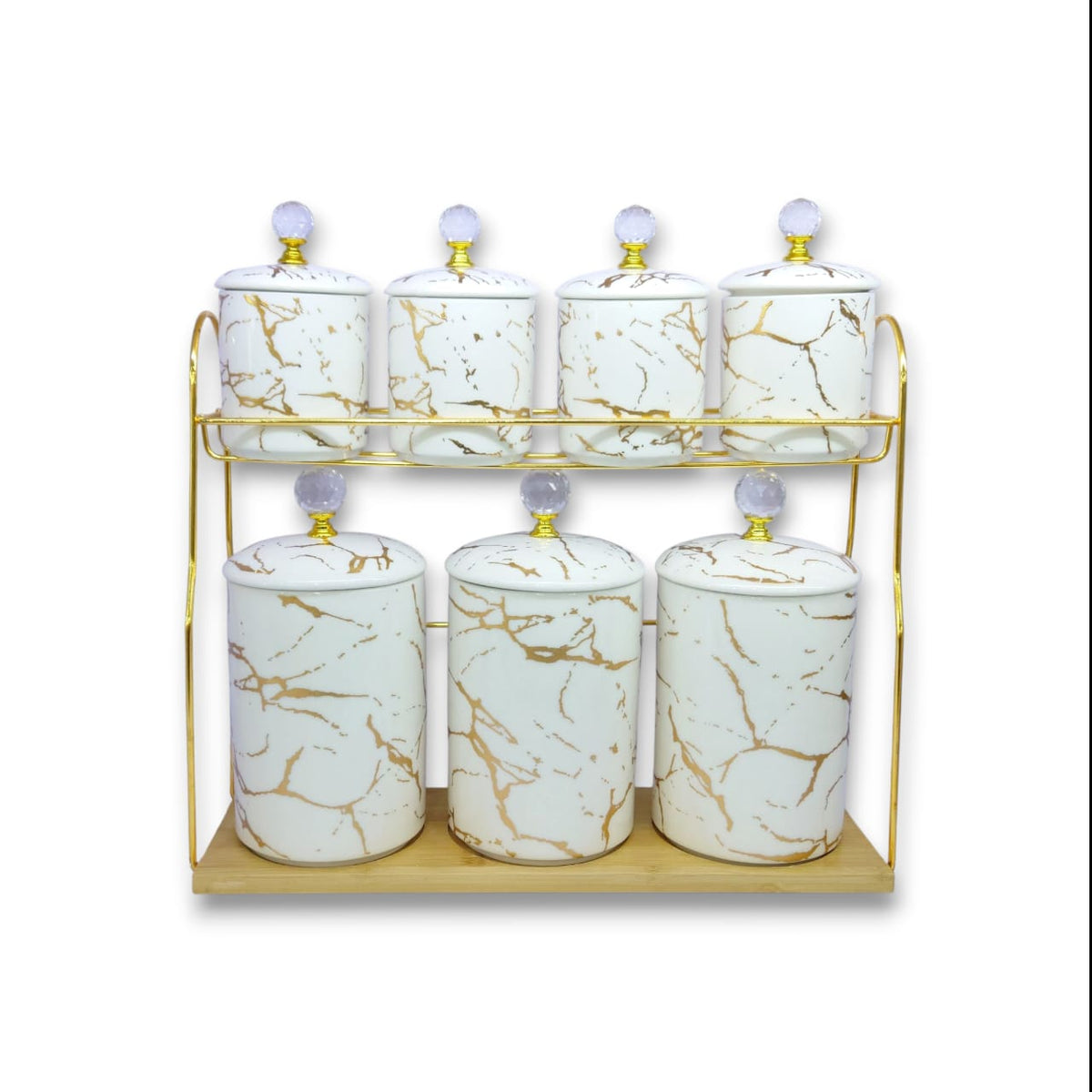 7-Piece Ceramic White Marble Spice Jar Set Kaka Bawa Sons