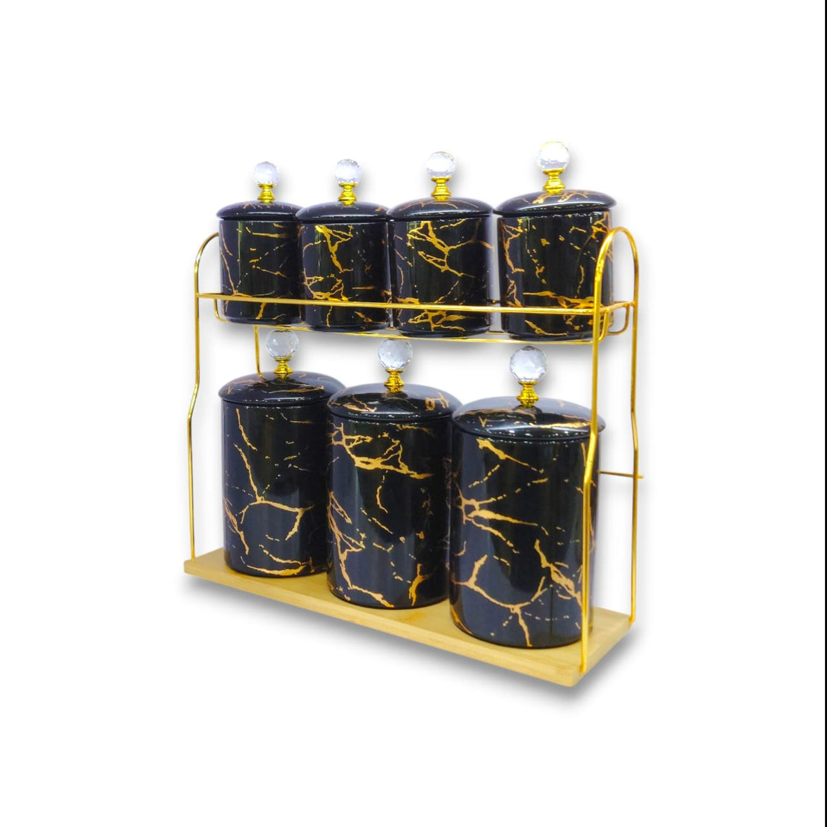 7-Piece Ceramic Black Marble Spice Jar Set Kaka Bawa Sons