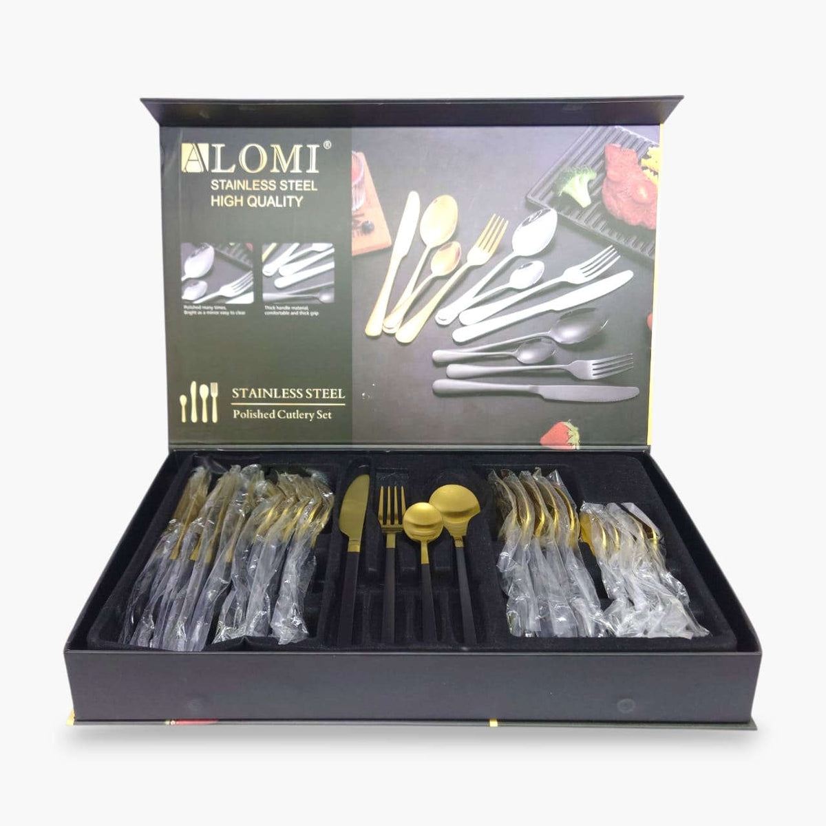 Alomi 24-Piece Stainless Steel Cutlery Set Black & Golden Kaka Bawa Sons