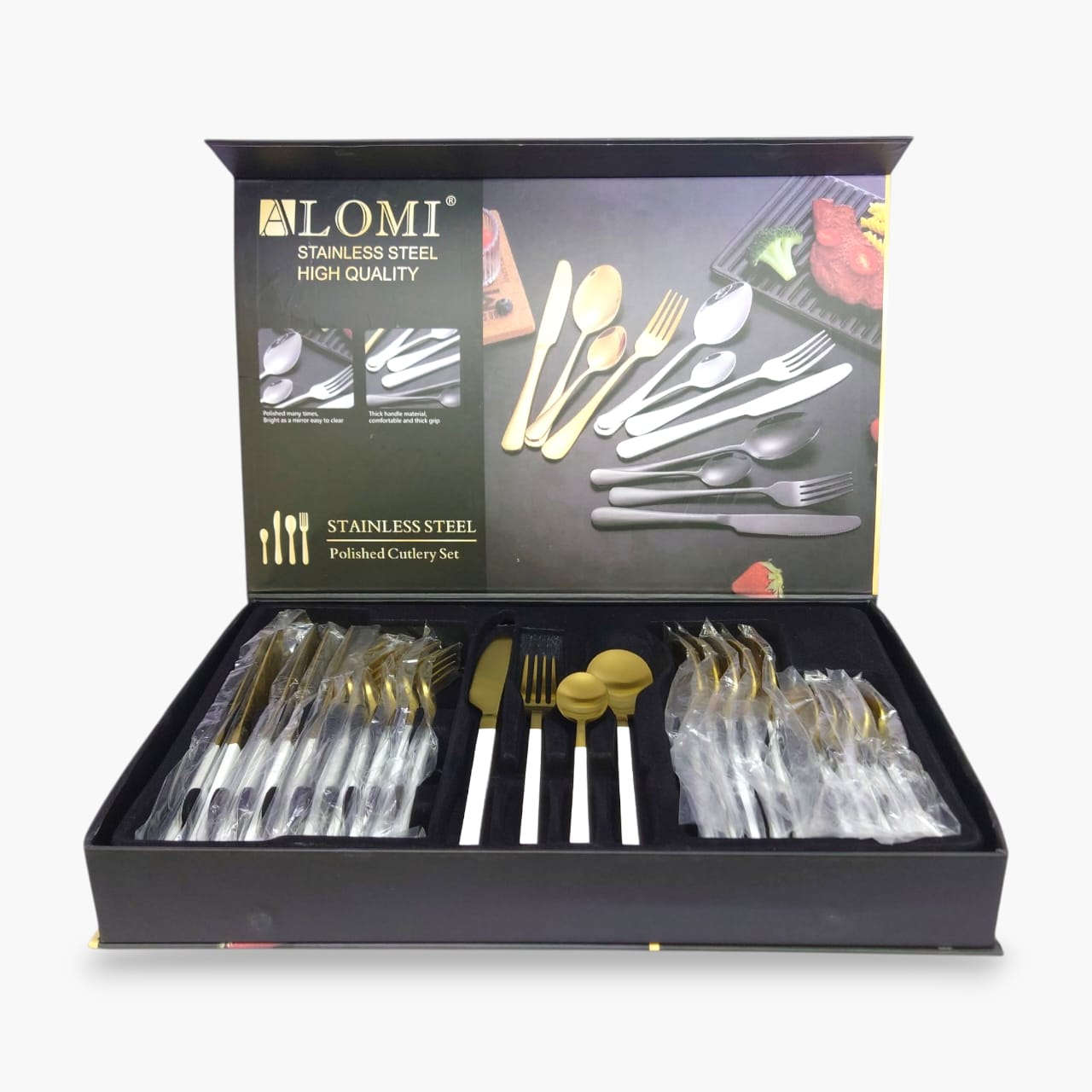Alomi 24-Piece Stainless Steel Cutlery Set White & Golden Kaka Bawa Sons