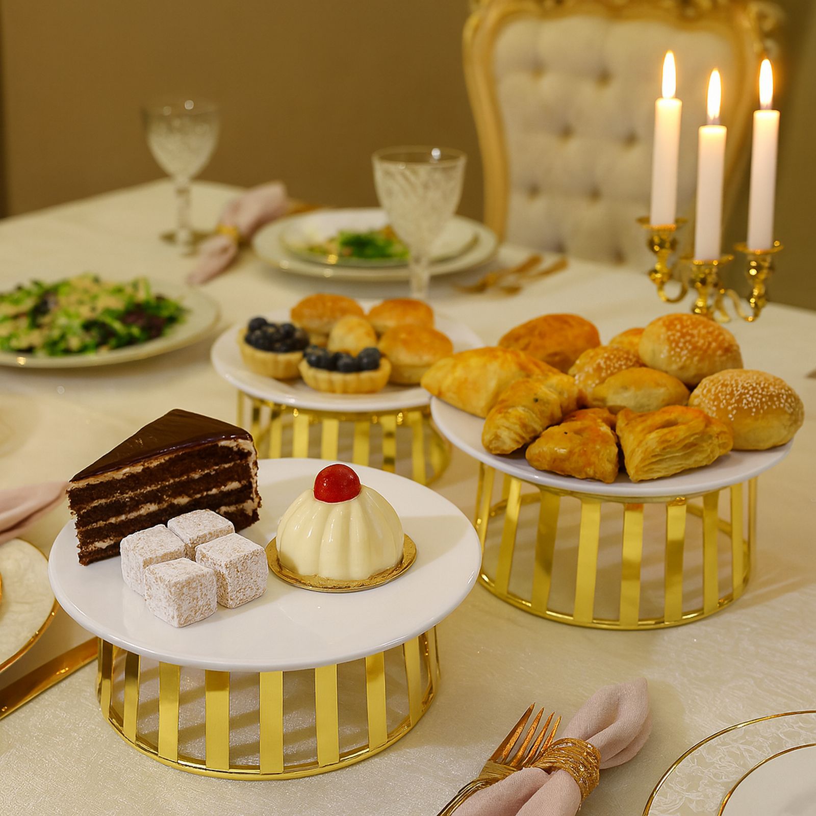 3-Piece Round Serving Platter Set With Golden Stand