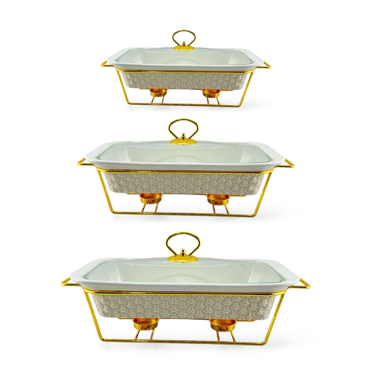 S/W Food Warmer 3-Piece Set White With Golden Stand
