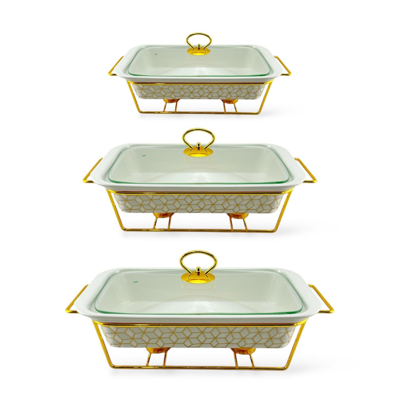 S/W Food Warmer 3-Piece Set White With Golden Stand