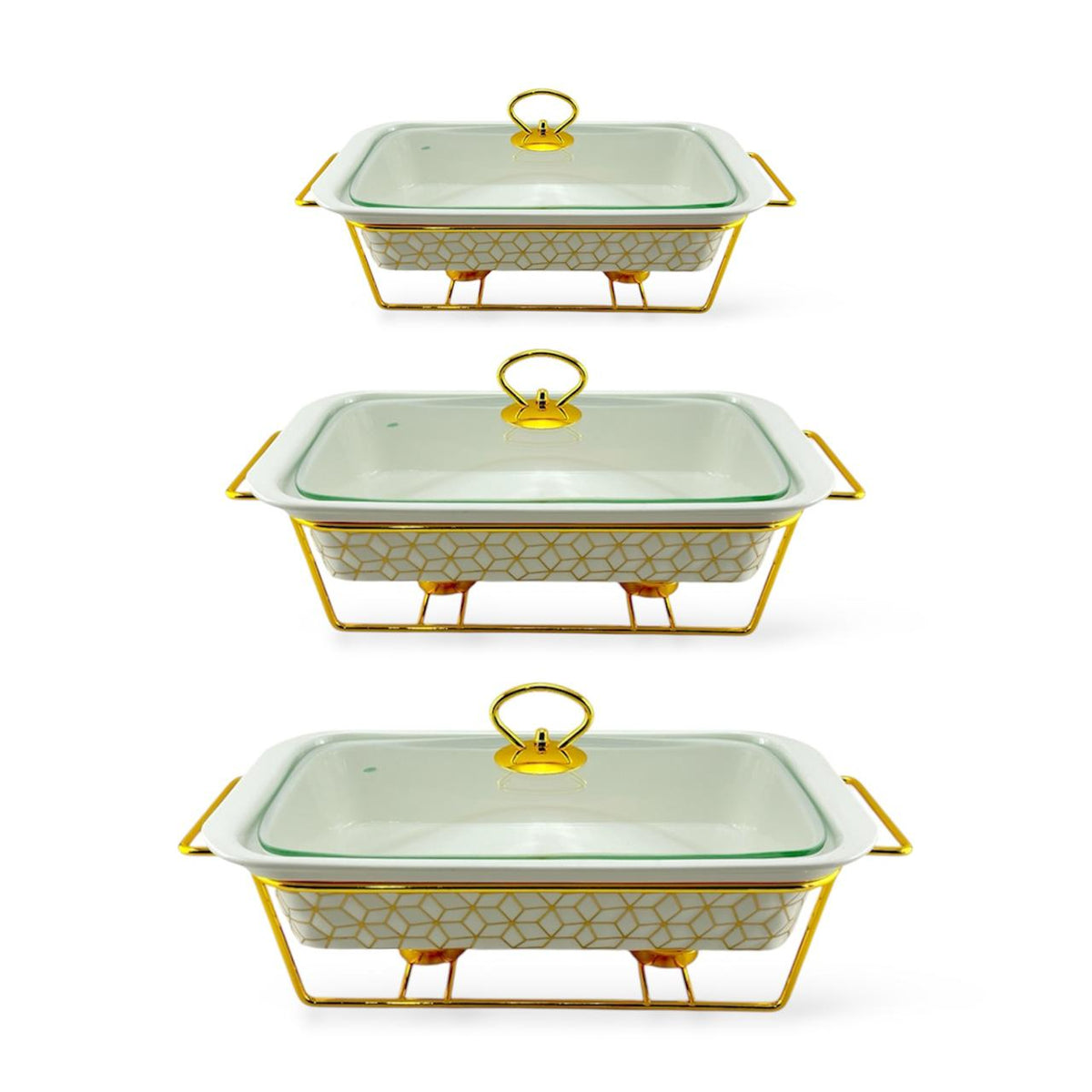 S/W Food Warmer 3-Piece Set White With Golden Stand Kaka Bawa Sons