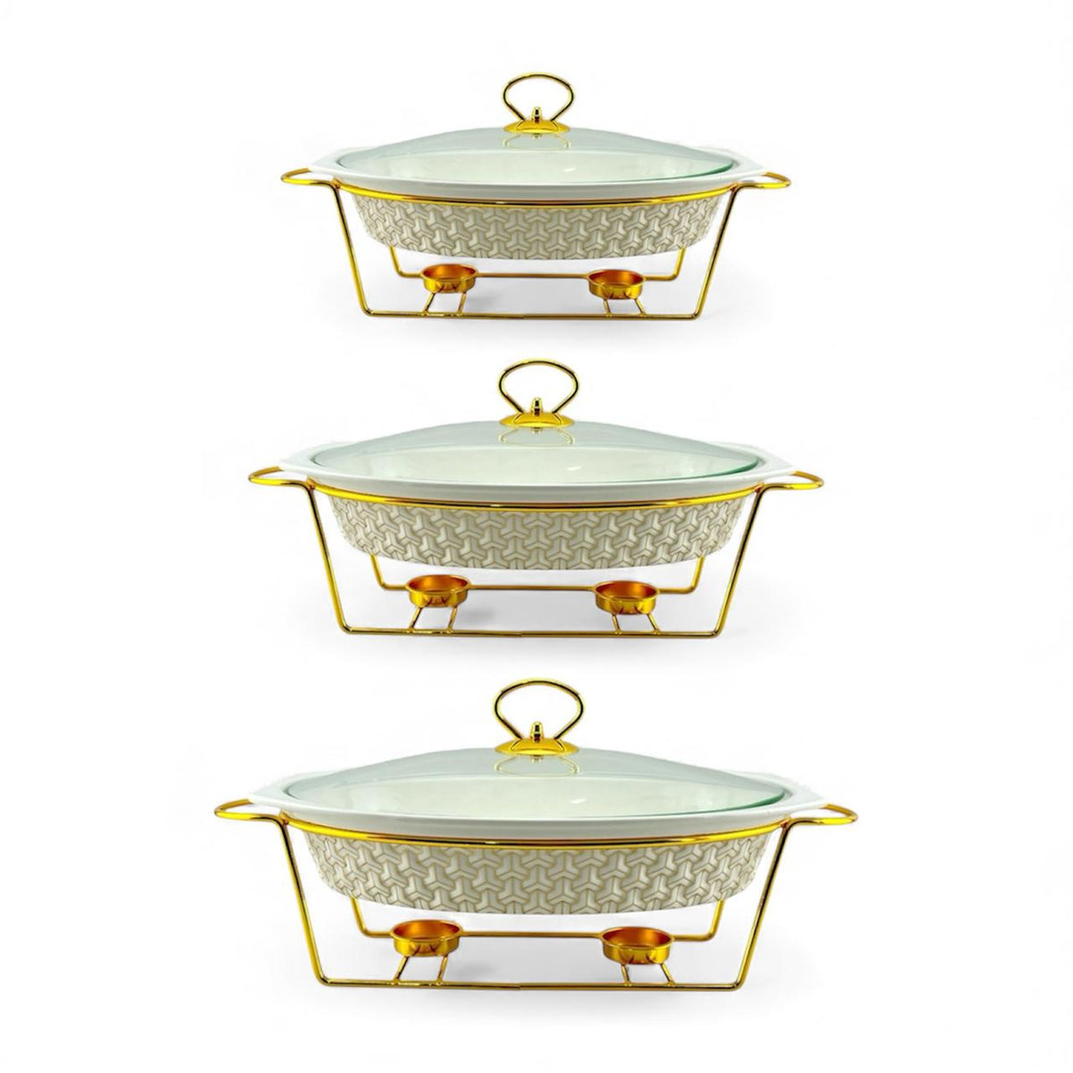 S/W Oval Food Warmer 3-Piece Set White With Golden Stand Kaka Bawa Sons
