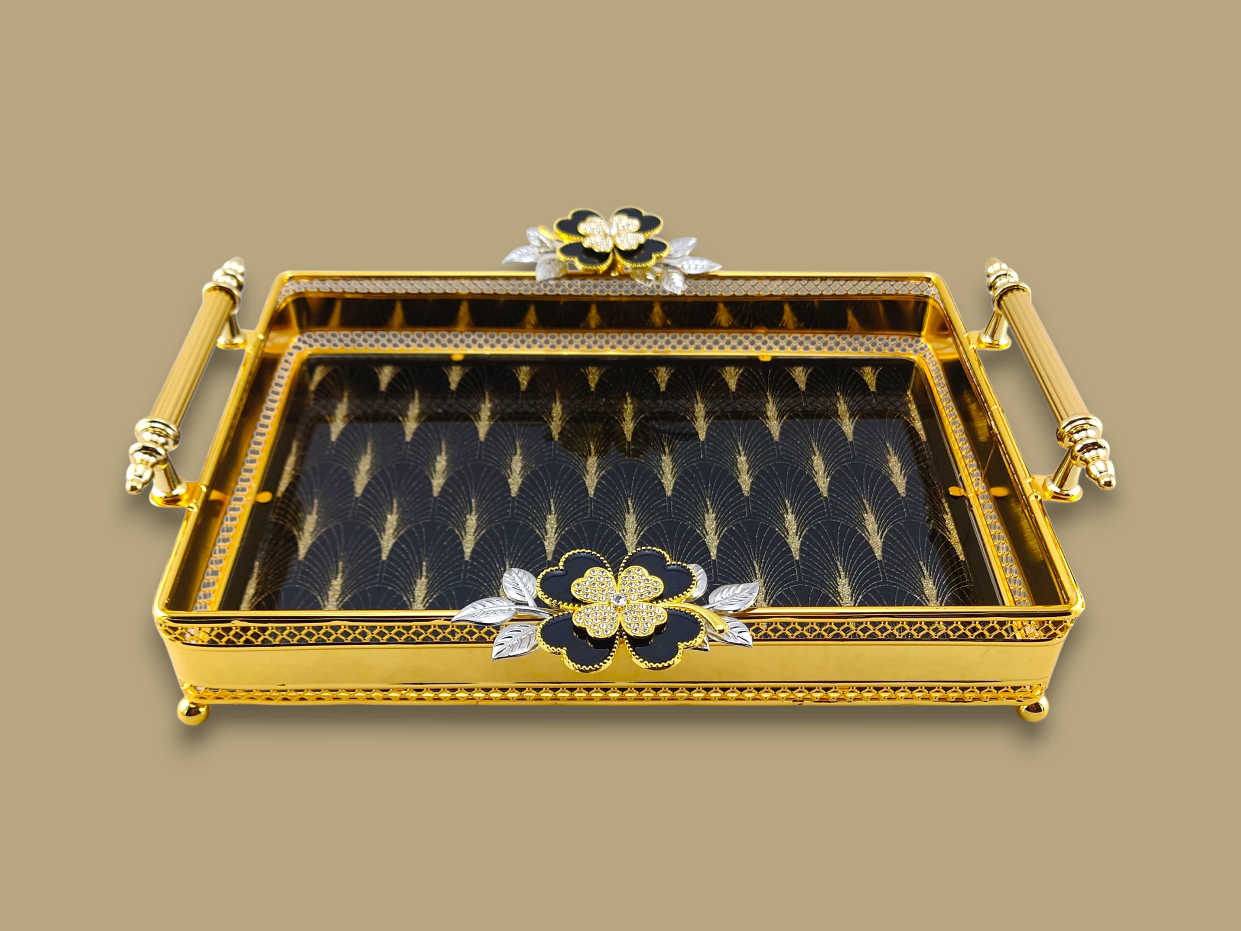 Fancy Glass Rectangular Tray Golden Kaka Bawa Sons