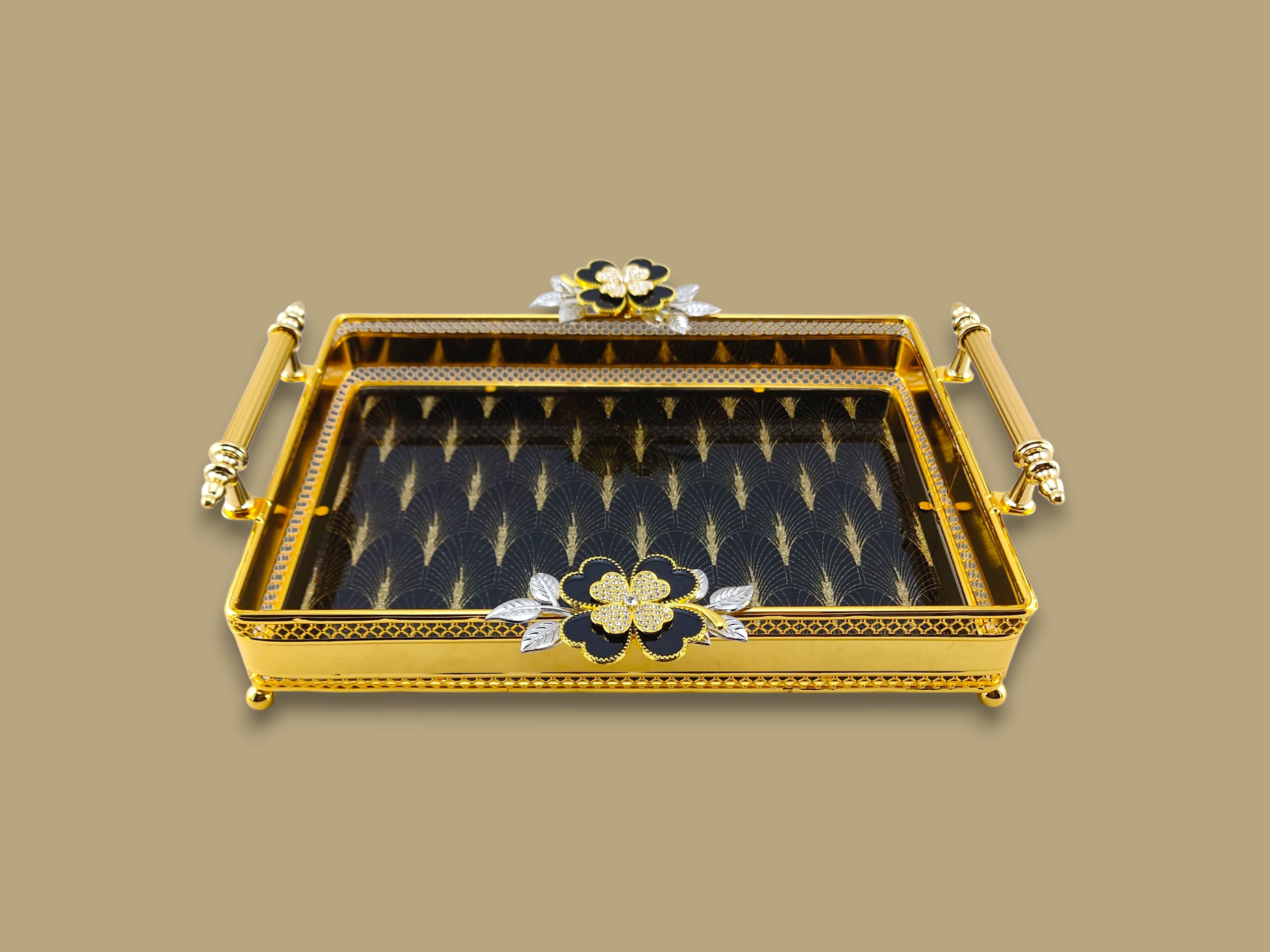 Fancy Glass Rectangular Tray Golden Kaka Bawa Sons