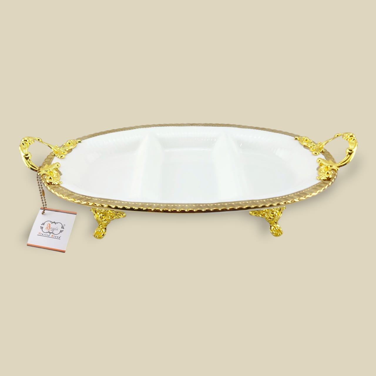 Angela Country Oval Golden Porcelain 3-Section Serving Footed Dish 36*22 CM (AB-61)