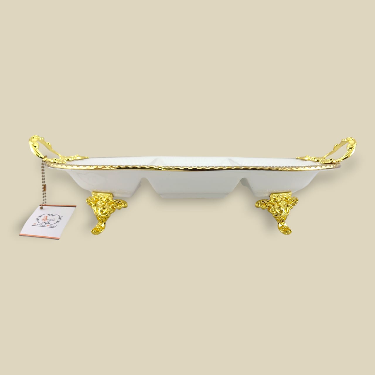 Angela Country Oval Golden Porcelain 3-Section Serving Footed Dish 36*22 CM (AB-61)