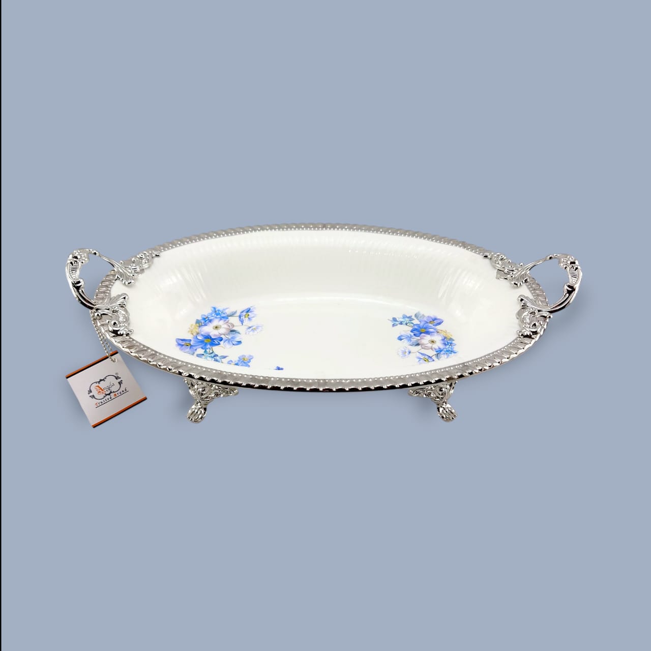 Angela Country Oval Silver Blue Roses Porcelain Serving Footed Dish 36*22 CM (AB-55)