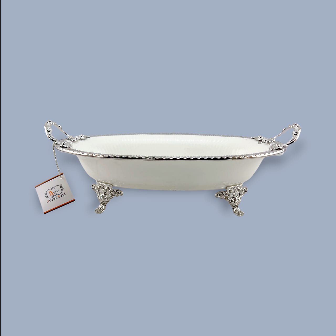 Angela Country Oval Silver Blue Roses Porcelain Serving Footed Dish 36*22 CM (AB-55)