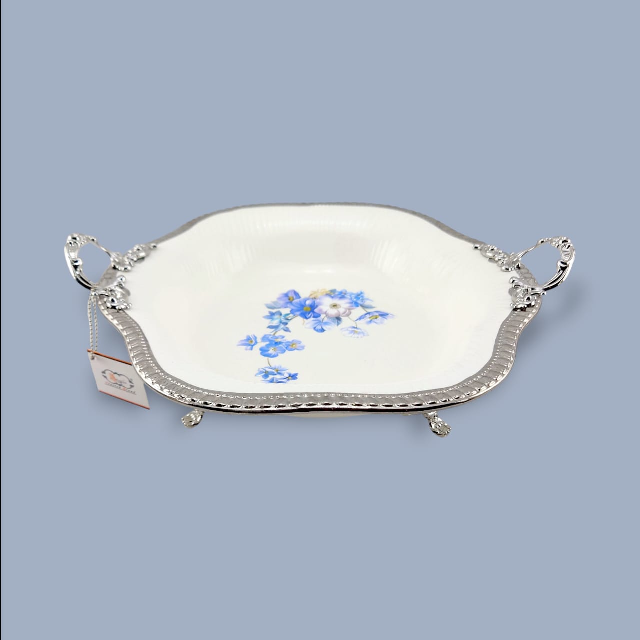 Angela Country Square Silver Blue Roses Porcelain Serving Footed Dish 33*33 CM (AB-47)