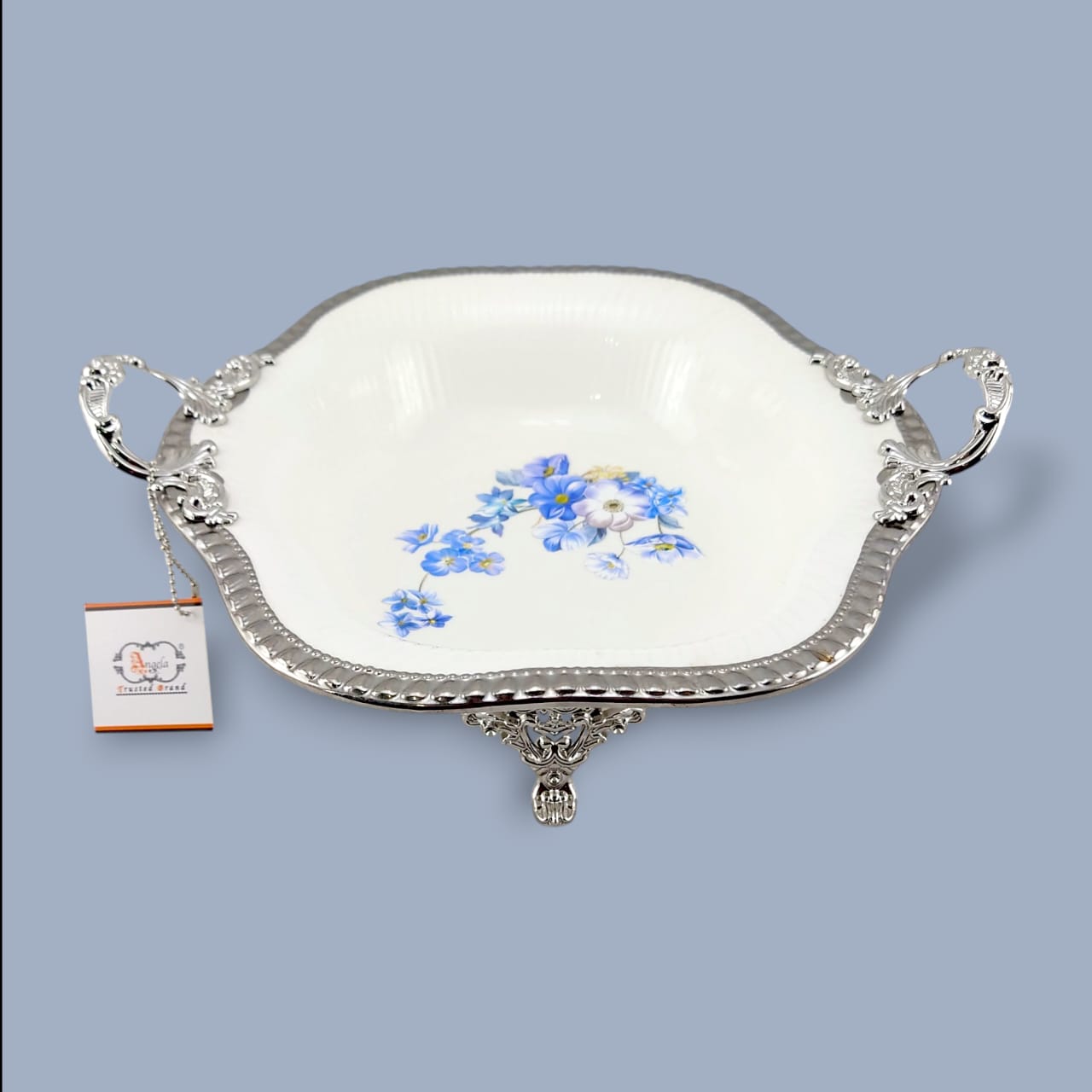 Angela Country Square Silver Blue Roses Porcelain Serving Footed Dish 28*28 CM (AB-48)
