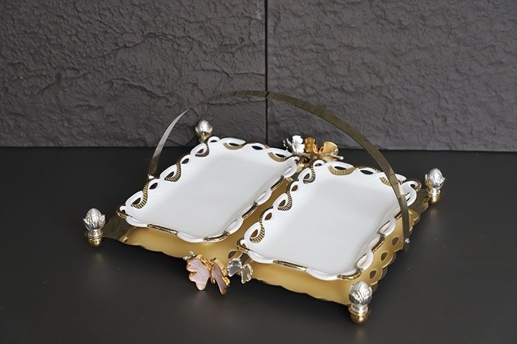 Fancy Ceramic Rectangular 2-Portion Serving Dish With Metal Stand