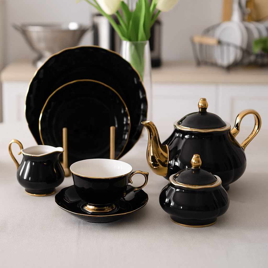 Onemore 24-Piece Black & Golden Tea Set