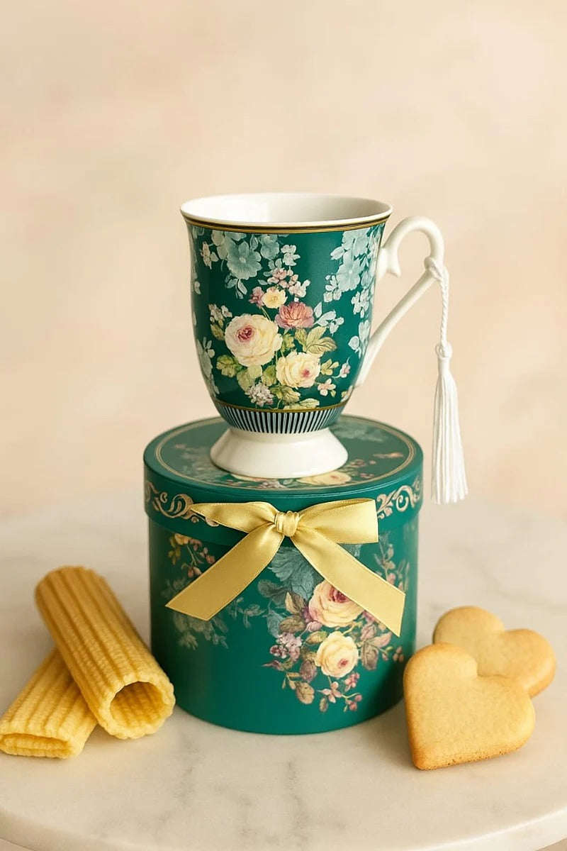 Porcelain 300ml Green Flower Design Mug with Gift Box Kaka Bawa Sons