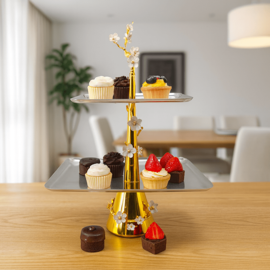 2-Tier Fancy Stainless Steel Rectangle Dessert Stand