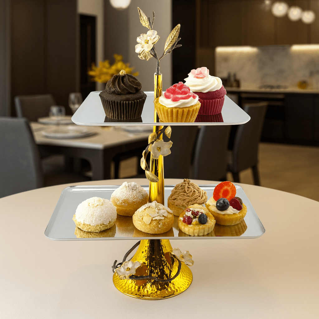 2-Tier Fancy Stainless Steel Rectangle Dessert Stand