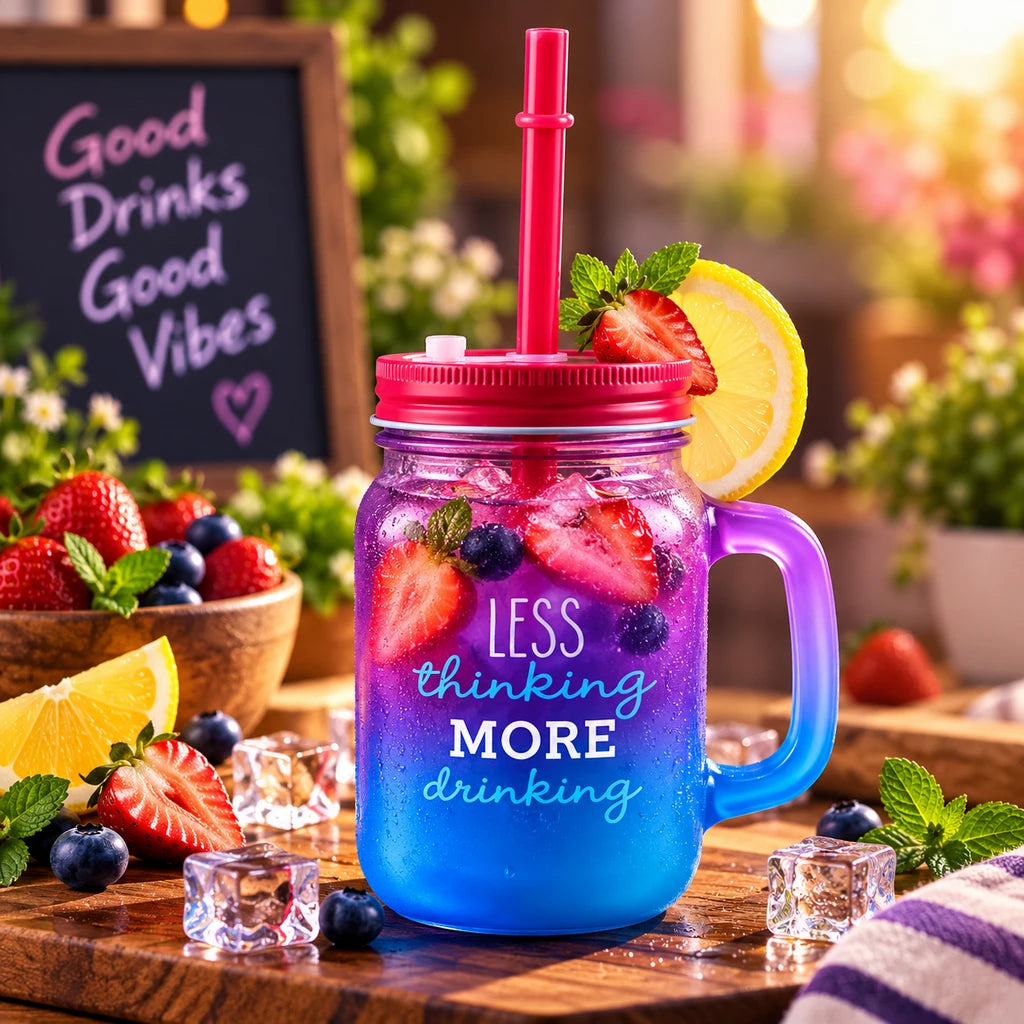 Kleeyo Less Thinking 450 ml Glass Mason Jar with Straw