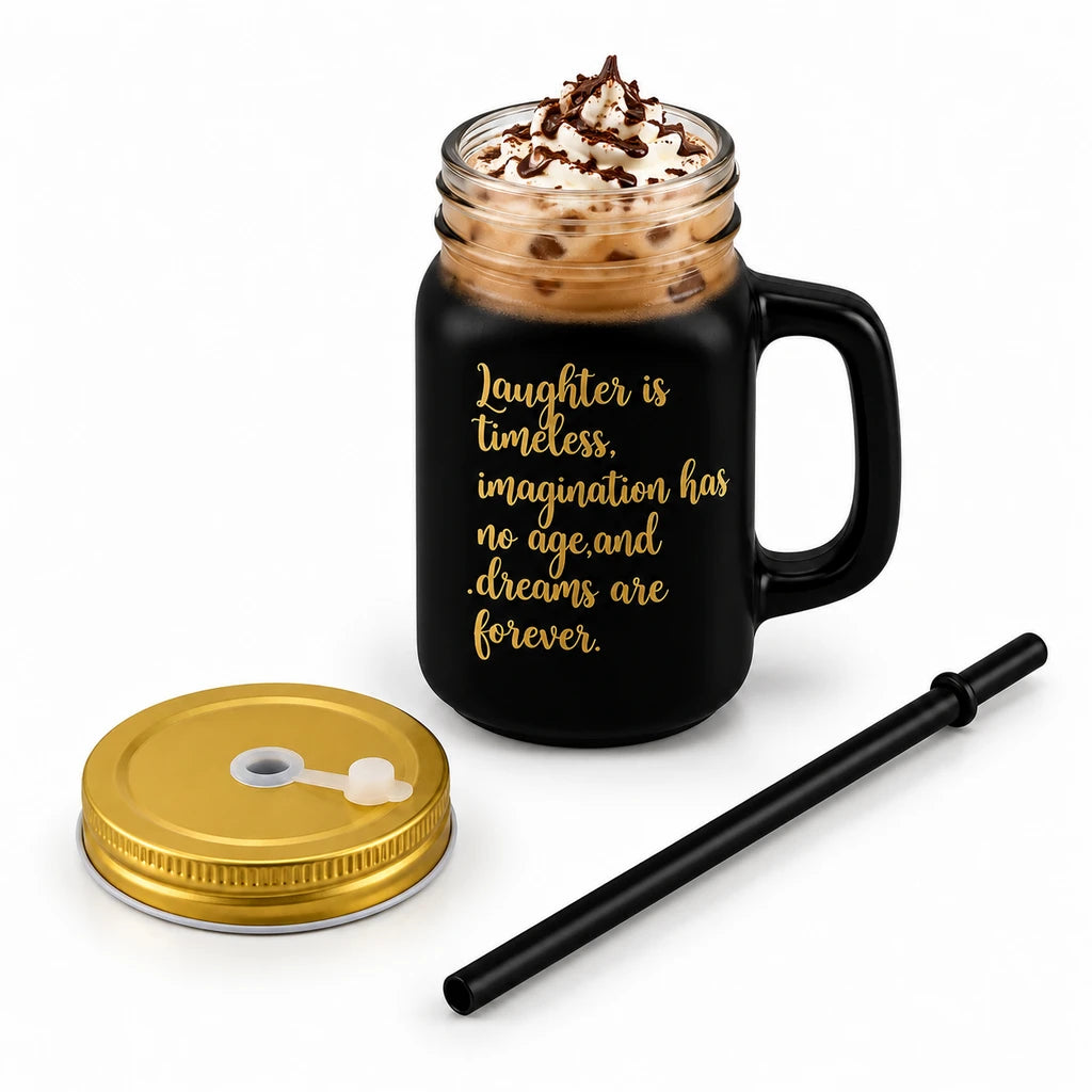Kleeyo Black Dreams Forever 450 ml Glass Mason Jar with Straw